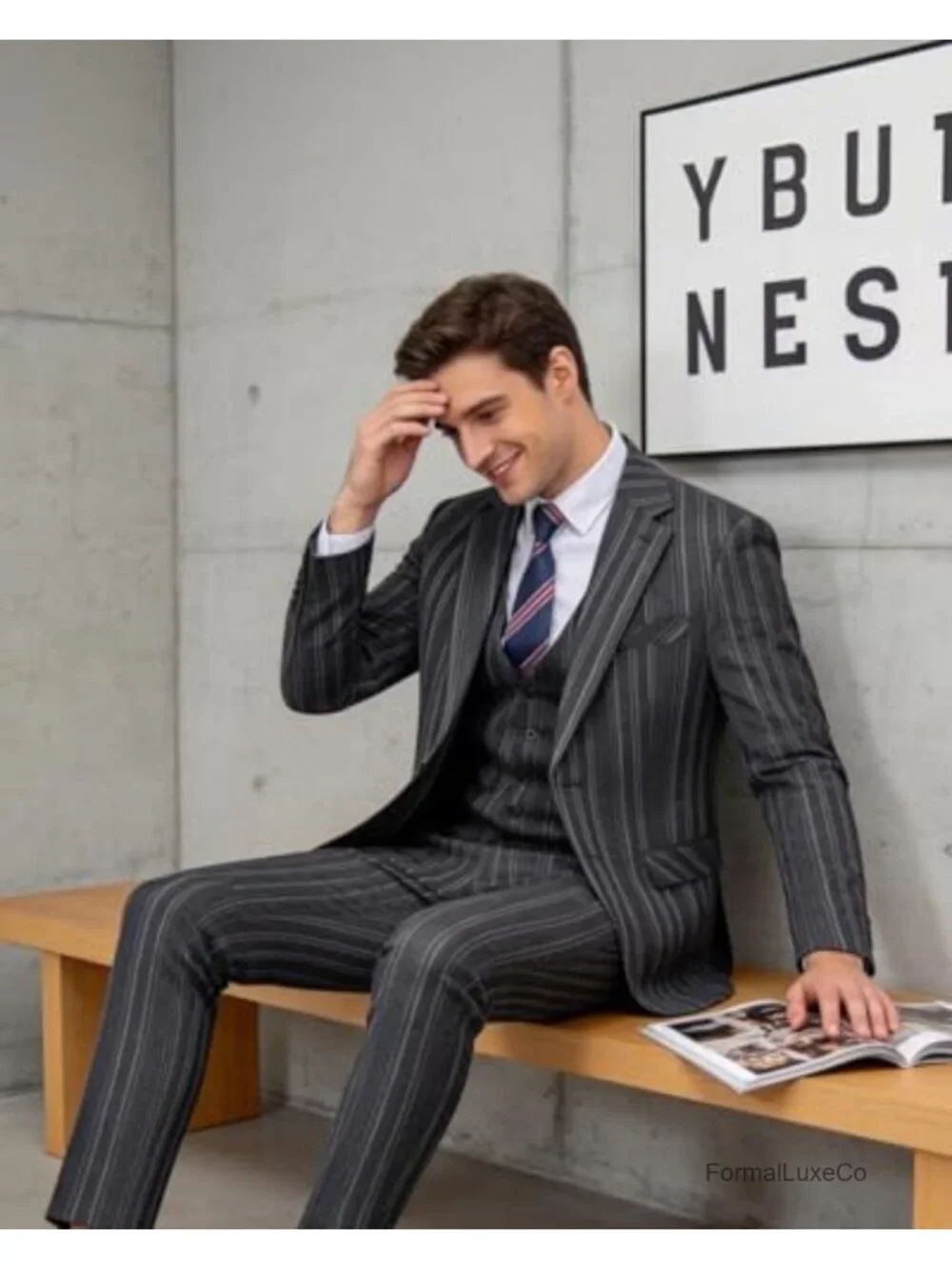 3 Piece Pinstripe Suit for Men Slim Fit Tuxedo Single Breasted Dress Set Wedding